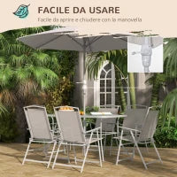 Set da Giardino con Tavolo da Pranzo, 6 Sedie Pieghevoli e Ombrellone a Manovella, Grigio