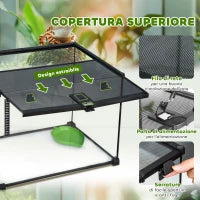Terrario per Rettili Rialzato con Serratura e Termometro, in Vetro e Rete Metallica, 50x30x35 cm, Nero