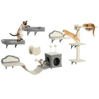 Set Mensole da parete per gatti da 6 pezzi, con amache, tiragraffi e lettini, Beige