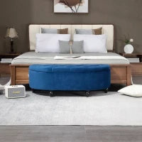 Pouf Contenitore 2 in 1, Panca Fondo Letto Imbottita a Semicerchio, Gambe in Legno di Gomma, Rivestimento in Velluto, Blu