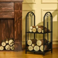 Portalegna a 2 Ripiani in Metallo con Paletta, Scopa, Attizzatoio e Pinza, 41.5x32.5x74.5 cm, Nero