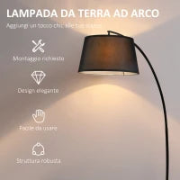 Lampada da Terra ad Arco con Paralume in Tessuto e Interruttore a Pedale, Ø47x105x190cm, Nera