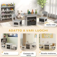 Set Tavolo e Sedie per Bambini 3-8 Anni con 6 Cassetti e Bordi Arrotondati, in Legno e Tessuto, Grigio e Bianco