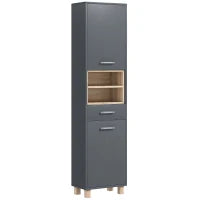 Colonna Bagno Moderna con Cassetto e Armadietti in Legno e Lega di Alluminio, 40x24x160 cm, Grigio