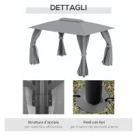 Gazebo da Giardino 4x3m con Doppio Tettuccio, Pareti in Poliestere e Struttura in Acciaio, Grigio