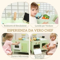 Set Cucina Giocattolo in Legno per Bambini da 3+ Anni con 15 Accessori, Verde