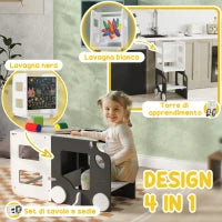 Scala Montessori 4 in 1 per Bambini con 2 Lavagne e Set Tavolo e Sedia, in Legno, 58x46x92 cm, Bianco