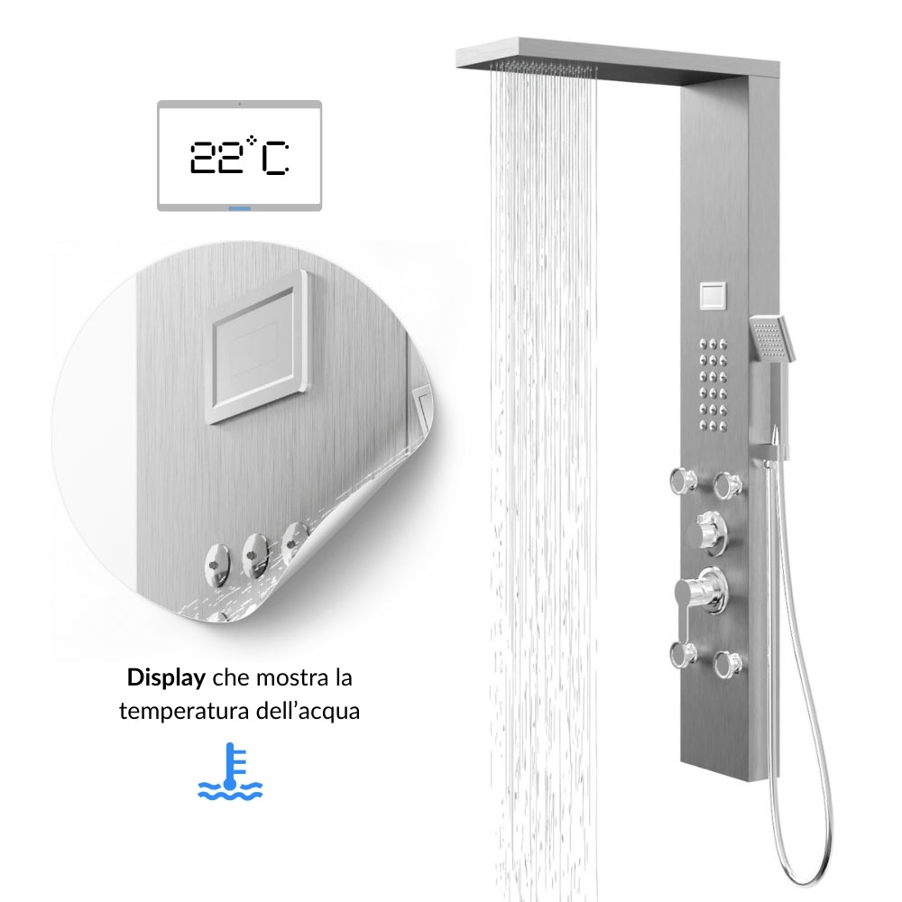 Colonna pannello doccia chester-1 spazzolata acciaio 4 funzioni display temperatura