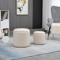 Set di 2 Pouf Contenitore Salvaspazio Rotondi e Imbottiti in Velluto a Coste, Bianco