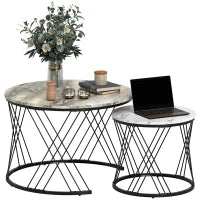 Set di 2 tavolini nidificati rotondi Ø 70/44,5 cm con piano effetto marmo e piedi in metallo, grigio e bianco