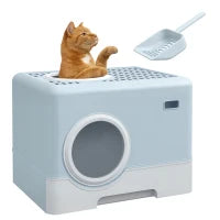 Lettiera per Gatti Coperta con Paletta, Vassoio Estraibile, Ingresso Frontale e Uscita Superiore 52x41x38,5 cm Blu