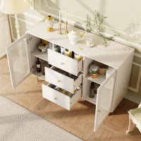 Credenza da pranzo in rattan con cassetti, per cucina e soggiorno, 120x40x90 cm, Bianco