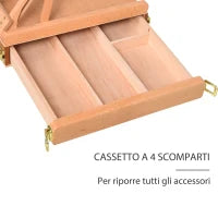 Cavalletto in Legno di Faggio con Cassetto Inferiore, Altezza e Angolazione Regolabile, 42x36x12.5 cm
