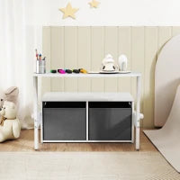 Baule per giochi per bambini 3 in 1, set tavolo e sedie con 2 contenitori in tessuto rimovibili, 67,5 x 46,5 x 56,7 cm, bianco