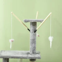 Torre per Gatti con Casetta, Trespolo, Piattaforme e 4 Topolini, in Legno, Peluche e Sisal, 50x35x134.2 cm, Grigio