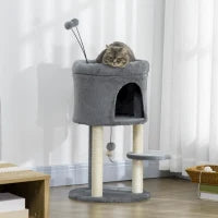 Albero Tiragraffi per Gatti con Casetta e Lettino, Pali in Sisal e Palline, 44.5x44.5x73.5cm, Grigio