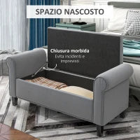 Panca Fondo Letto in Tessuto Vellutato con Spazio Portaoggetti e Braccioli, 126x48.5x57 cm, Grigio