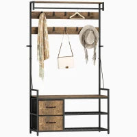 Appendiabiti con Panca Scarpiera Doppia, 10 Ganci Regolabili, e 2 Cassetti, 100x40x180 cm, Marrone Rustico