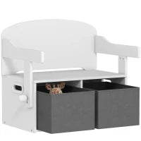 Baule per giochi per bambini 3 in 1, set tavolo e sedie con 2 contenitori in tessuto rimovibili, 67,5 x 46,5 x 56,7 cm, bianco