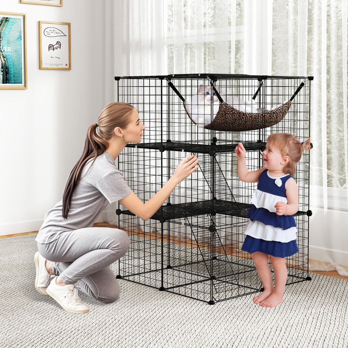 Gabbia per gatti a 3 piani 107 cm con accessori, Gabbia grande con facile accesso e recinto per gatti da interno-Altri animali