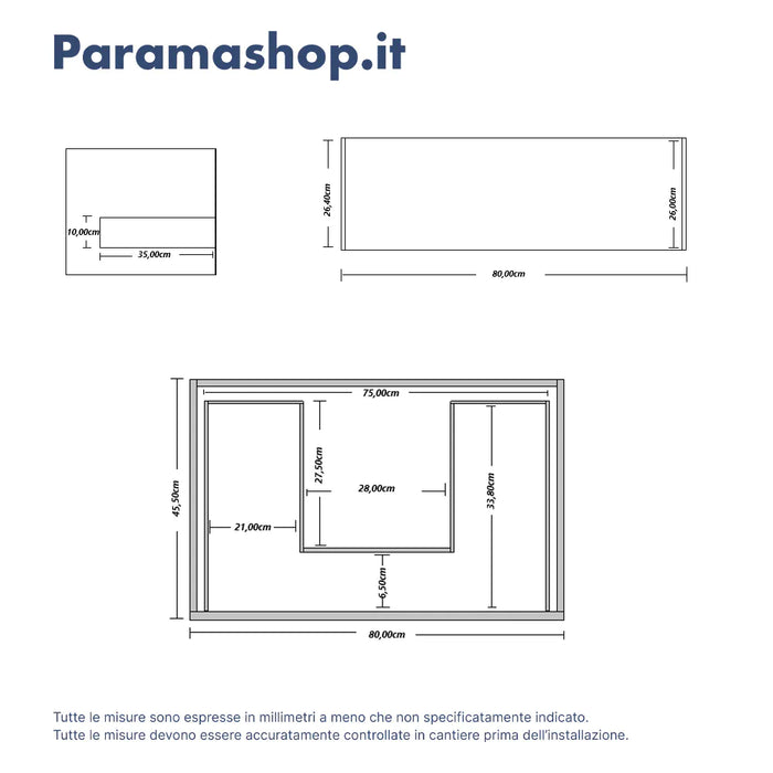 Mobile bagno sospeso 80cm un cassetto apertura push&pull rovere gransasso con top | Galdor
