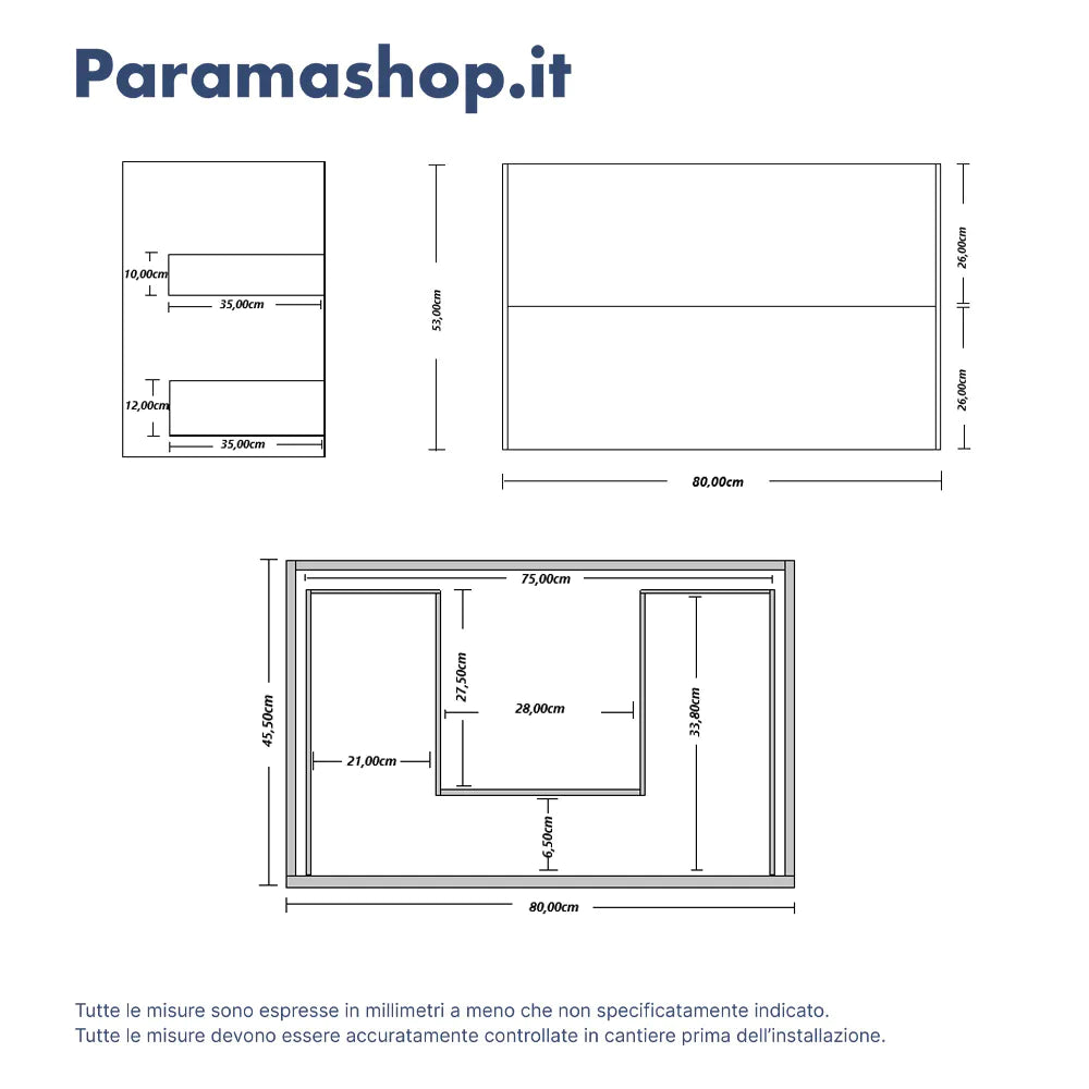 Mobile bagno sospeso 80cm due cassetti apertura push&pull rovere barok con top | Galdor