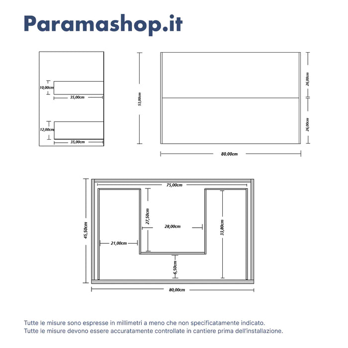 Mobile bagno sospeso 80cm due cassetti apertura push&pull rovere gransasso con top | Galdor