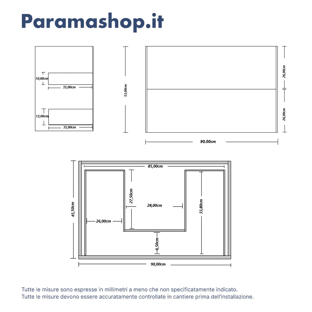 Mobile bagno sospeso 90cm due cassetti apertura push&pull rovere gransasso con top | Galdor