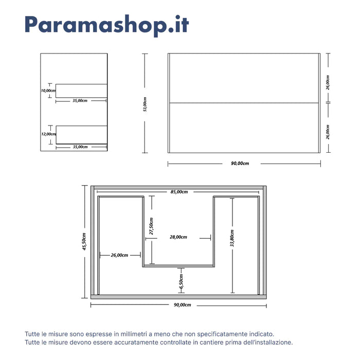 Mobile bagno sospeso 90cm due cassetti apertura push&pull rovere gransasso con top | Galdor