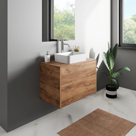 Mobile bagno sospeso 60cm due cassetti apertura push&pull rovere gransasso con top | Galdor