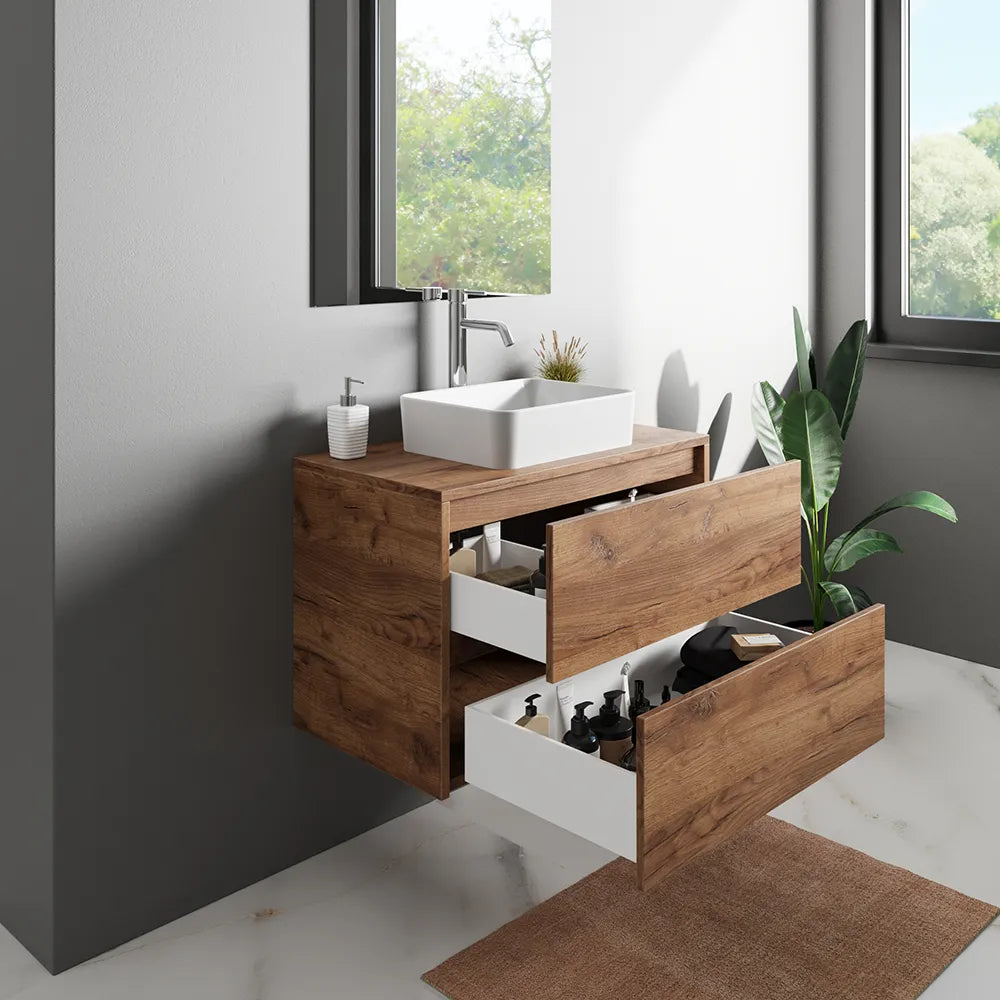 Mobile bagno sospeso 90cm due cassetti apertura push&pull rovere gransasso con top | Galdor