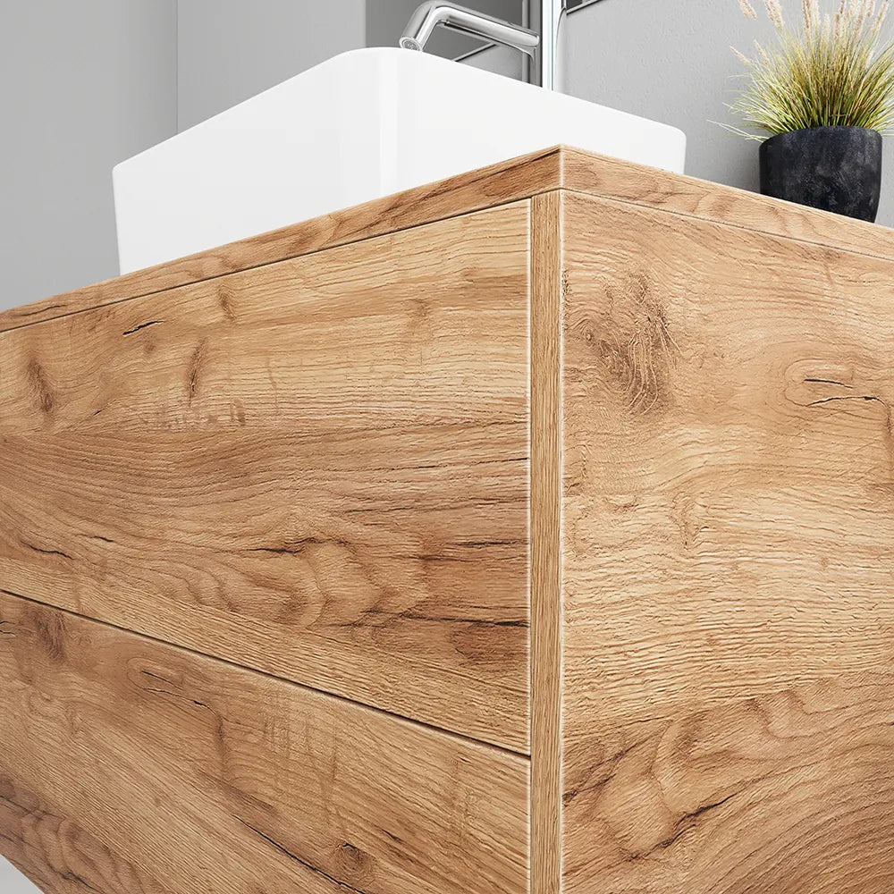 Mobile bagno sospeso 90cm due cassetti apertura push&pull rovere gransasso con top | Galdor