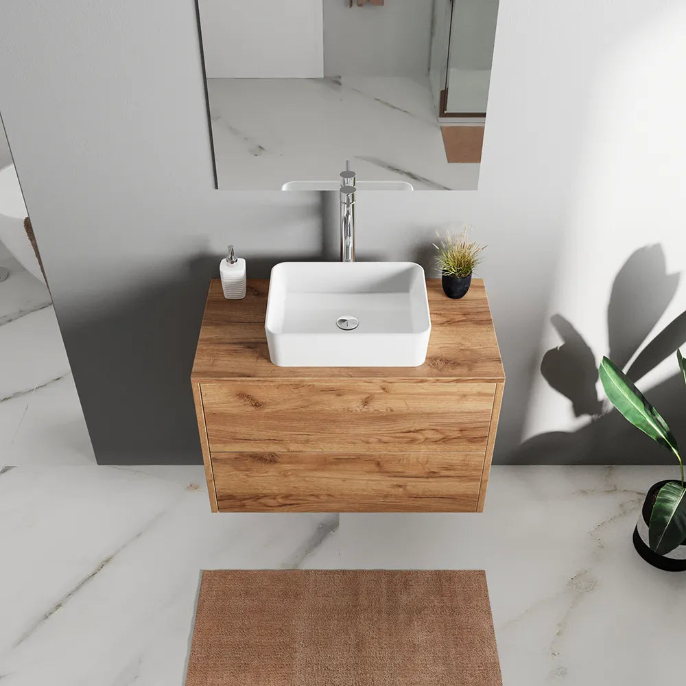 Mobile bagno sospeso 70cm due cassetti apertura push&pull rovere gransasso con top | Galdor