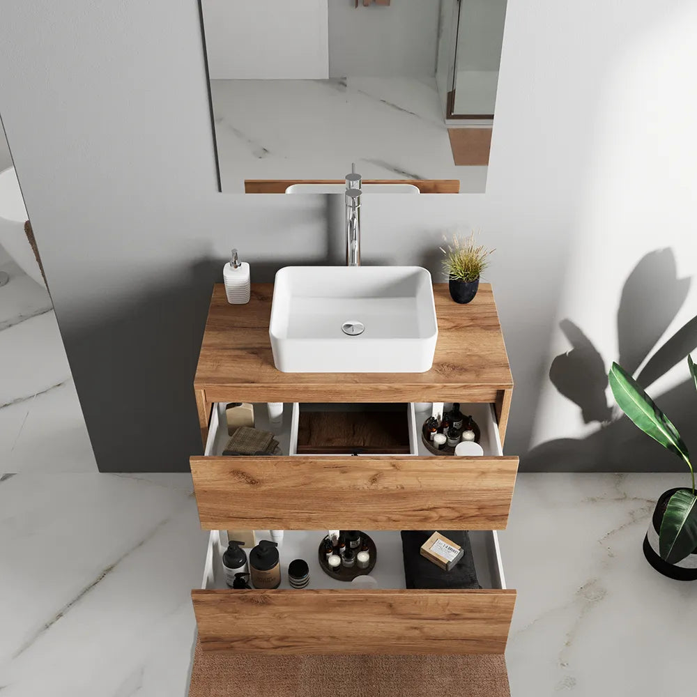 Mobile bagno sospeso 80cm due cassetti apertura push&pull rovere gransasso con top | Galdor