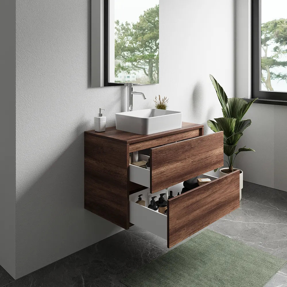 Mobile bagno sospeso 60cm due cassetti apertura push&pull rovere barok con top | Galdor