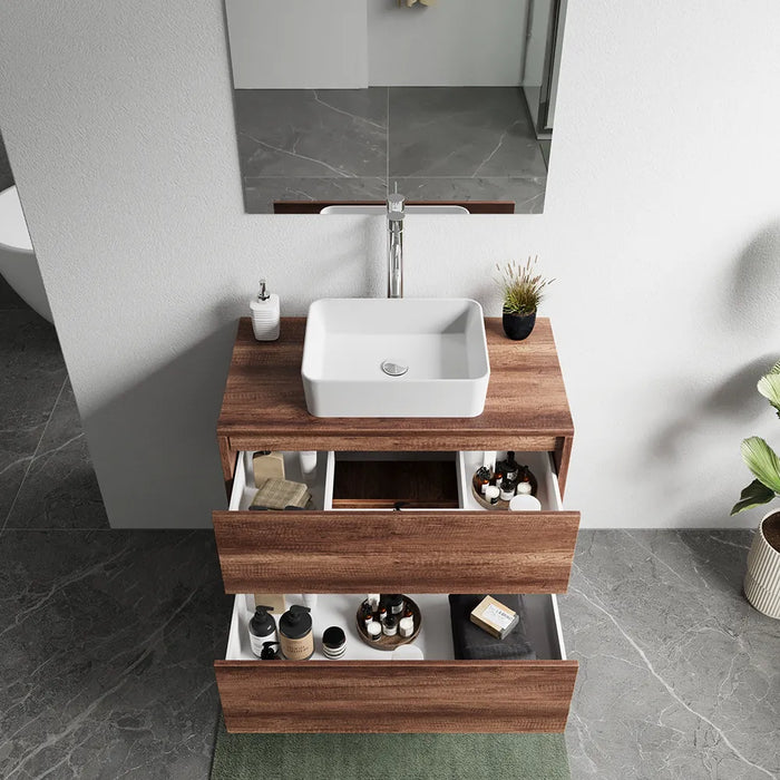 Mobile bagno sospeso 80cm due cassetti apertura push&pull rovere barok con top | Galdor