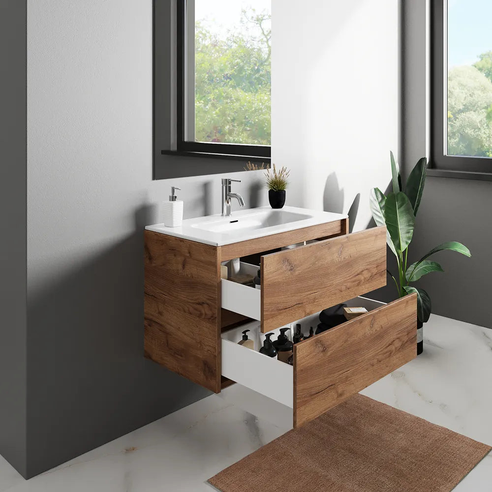 Mobile bagno sospeso 90cm due cassetti apertura push&pull rovere gransasso con lavabo | Galdor