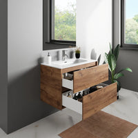 Mobile bagno sospeso 100cm due cassetti apertura push&pull rovere gransasso con lavabo | Galdor
