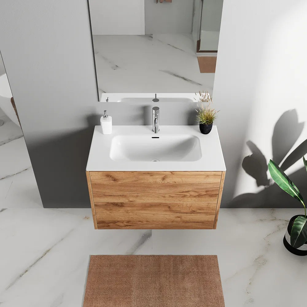 Mobile bagno sospeso 100cm due cassetti apertura push&pull rovere gransasso con lavabo | Galdor