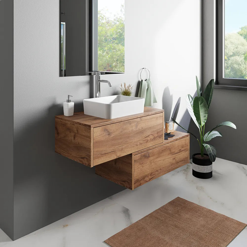 Mobile bagno sospeso modulare 80cm due cassetti apertura push&pull rovere gransasso con top | Galdor