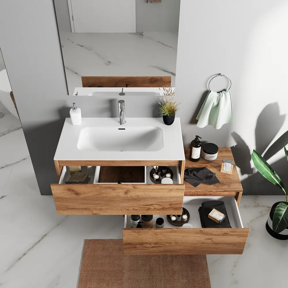 Mobile bagno sospeso modulare 90cm due cassetti apertura push&pull rovere gransasso con lavabo | Galdor