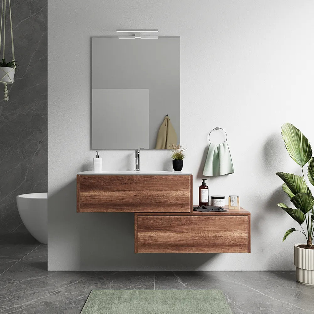 Mobile bagno sospeso modulare 100cm due cassetti apertura push&pull rovere barok con lavabo | Galdor