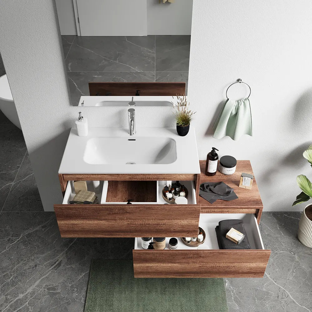 Mobile bagno sospeso modulare 60cm due cassetti apertura push&pull rovere barok con lavabo | Galdor