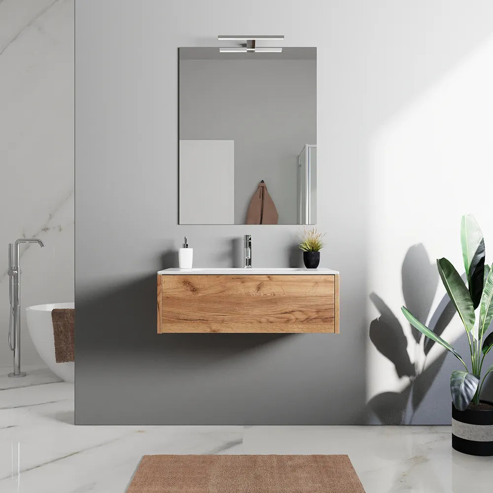 Mobile bagno sospeso 100cm un cassetto apertura push&pull rovere gransasso con lavabo | Galdor
