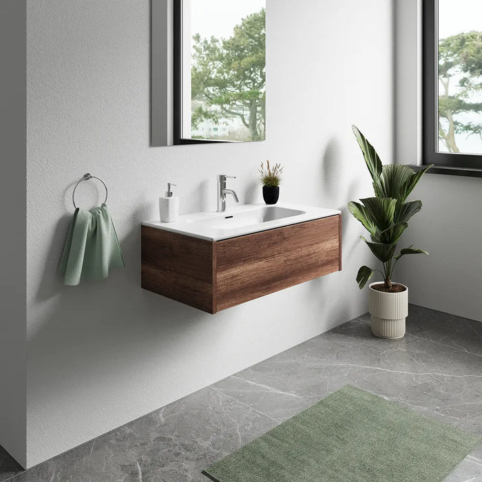 Mobile bagno sospeso 100cm un cassetto apertura push&pull rovere barok con lavabo | Galdor