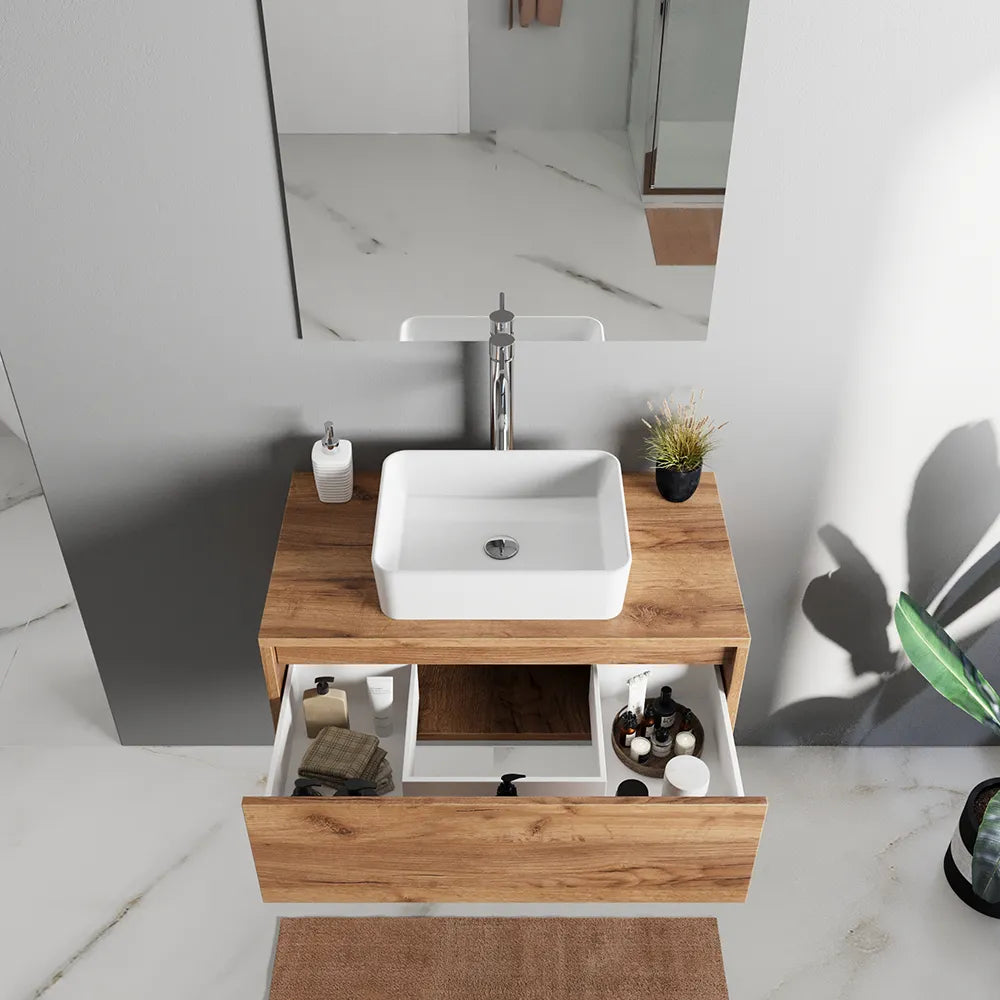 Mobile bagno sospeso 70cm un cassetto apertura push&pull rovere gransasso con top | Galdor