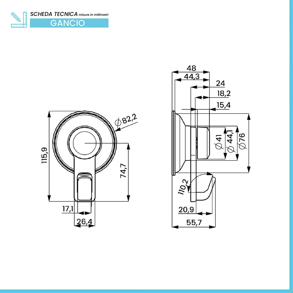 Gancio doccia a muro cromato con attacco a ventosa