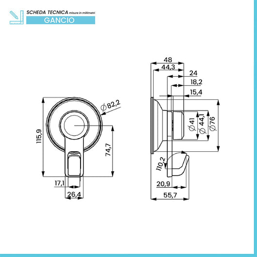 Gancio doccia a muro cromato con attacco a ventosa