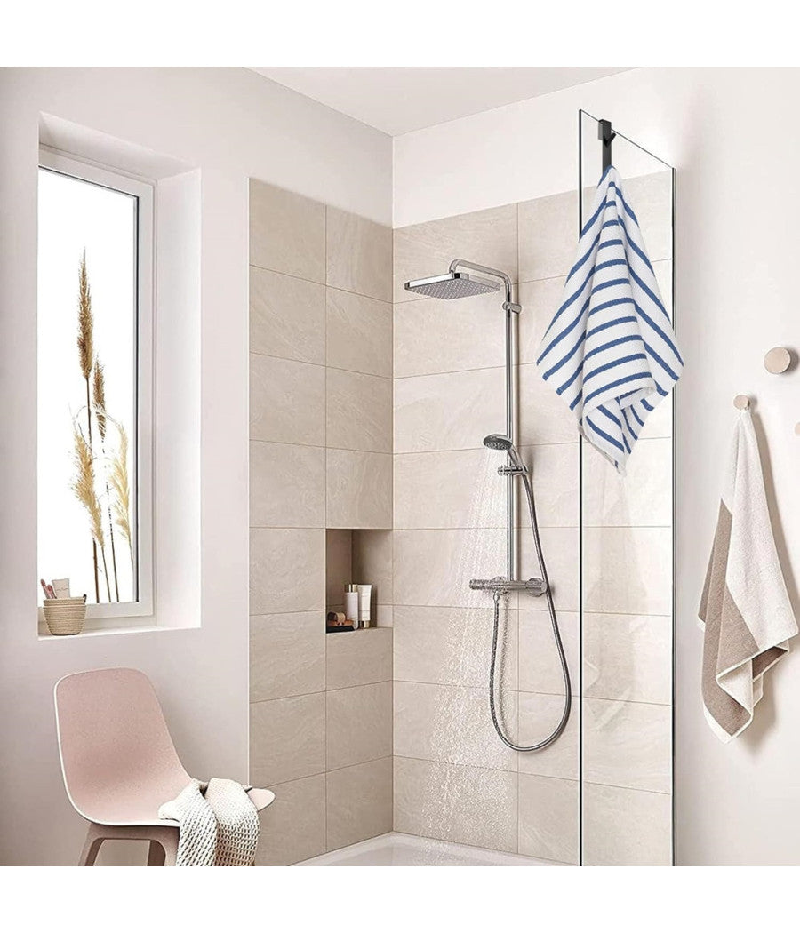 Gancio Doppio Per Porta Box Doccia Appendere Asciugamani Bagno 4x18cm Nero 87771         