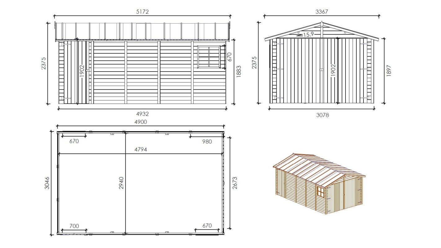 Garage in legno - 14.94m2 - 3.05x4.93m - 18mm - colore: naturale - GAR28 - ALTANKA